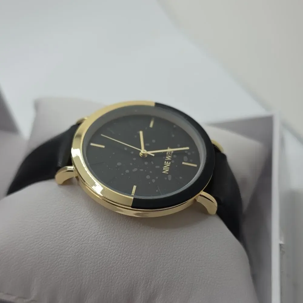 Nine West Women’s Quartz Watch Black Dial Gold-Tone Case Leather Strap Box